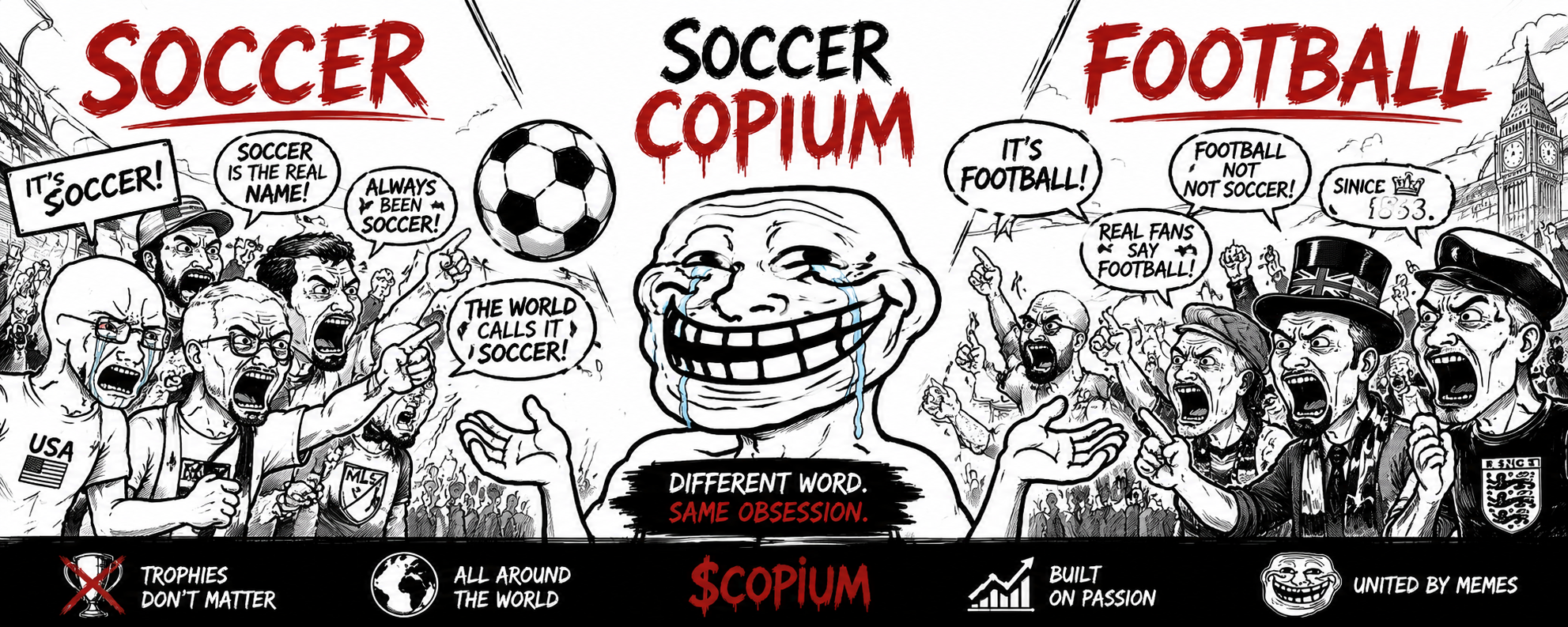 Soccer Copium banner with meme fans arguing soccer versus football